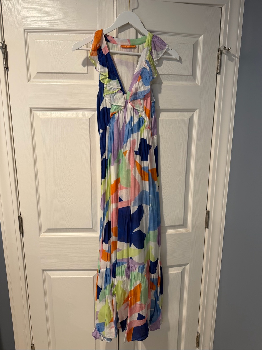 Oliphant Multicolor Ruffle V-Neck Maxi Dress in Navy, Orange, Lime & Lavender
